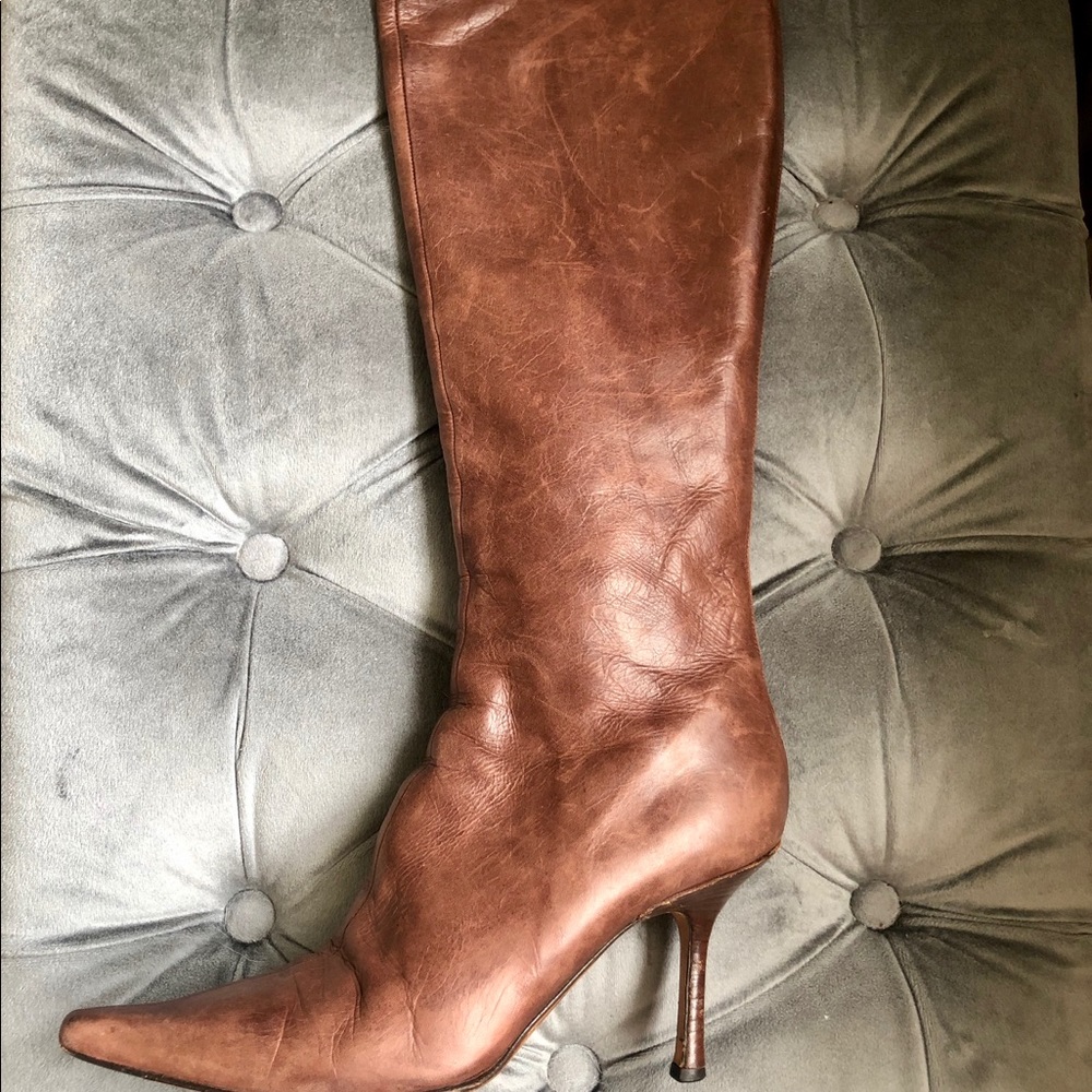 Jimmy Choo Dark Brown Leather Knee-High Stiletto Boots, Size 38